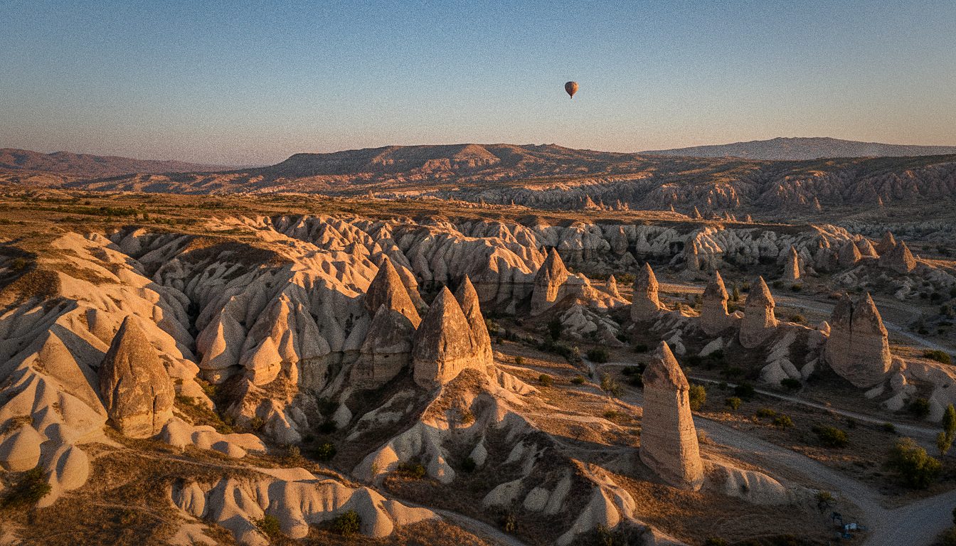 Veduta aerea di camini delle fate e valli scolpite dall'erosione nella zona di Goreme al sorgere del sole