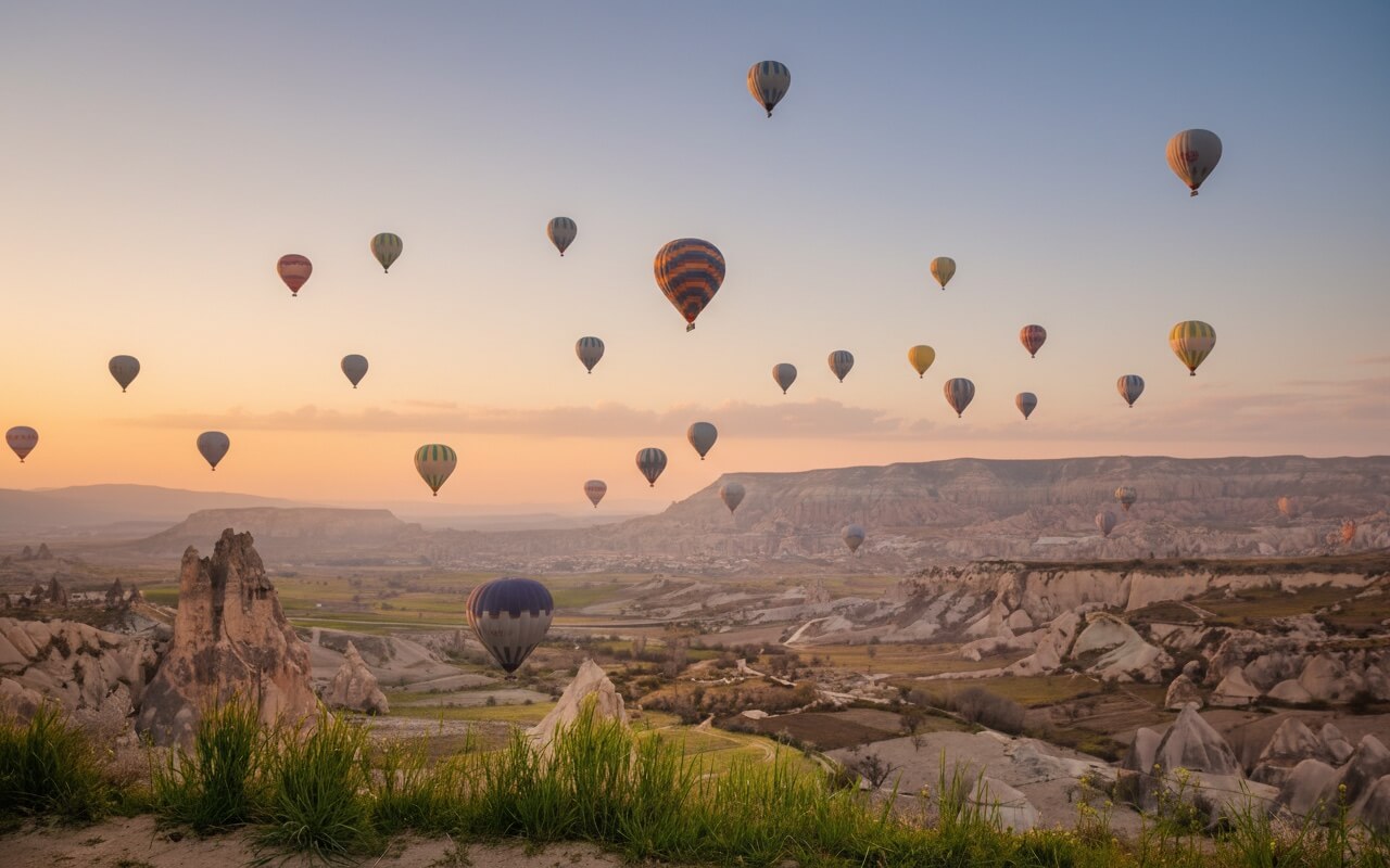 Mongolfiere sopra le formazioni rocciose di una valle della Cappadocia al sorgere del sole