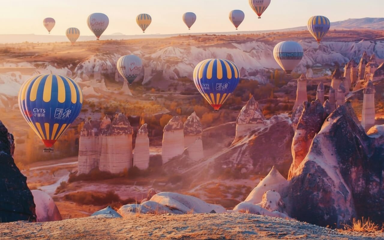 Camini delle fate tra le rocce rosate di una valle della Cappadocia con mongolfiere in volo